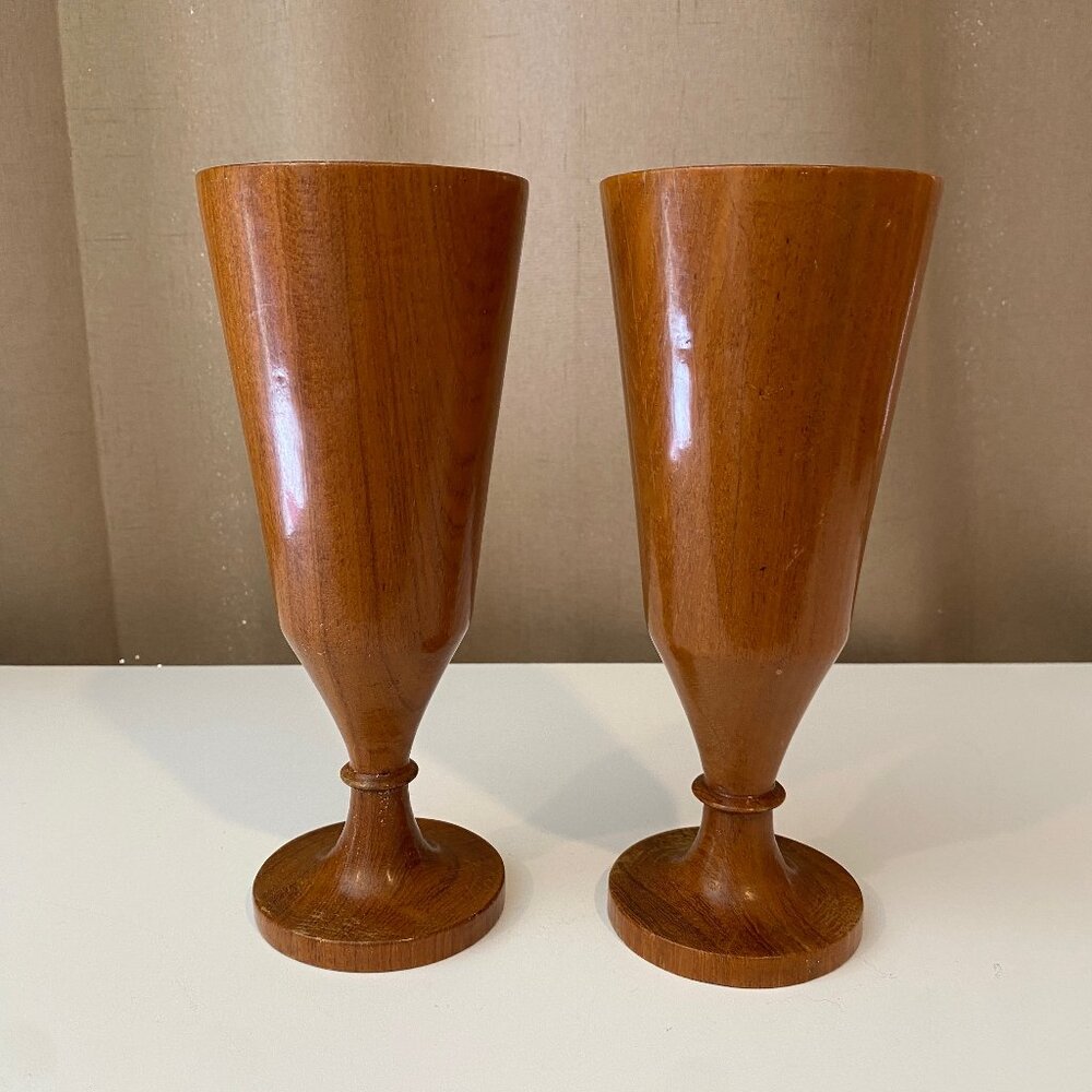 Vintage Teak Wood Goblets‎ Mid Century Modern 1950s Set of 2 | 8.25" Tall